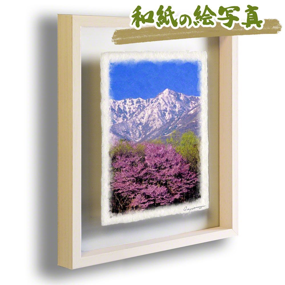 和紙の絵写真 「菜の花と山桜と残雪の山と池」 絵画 インテリア 退職