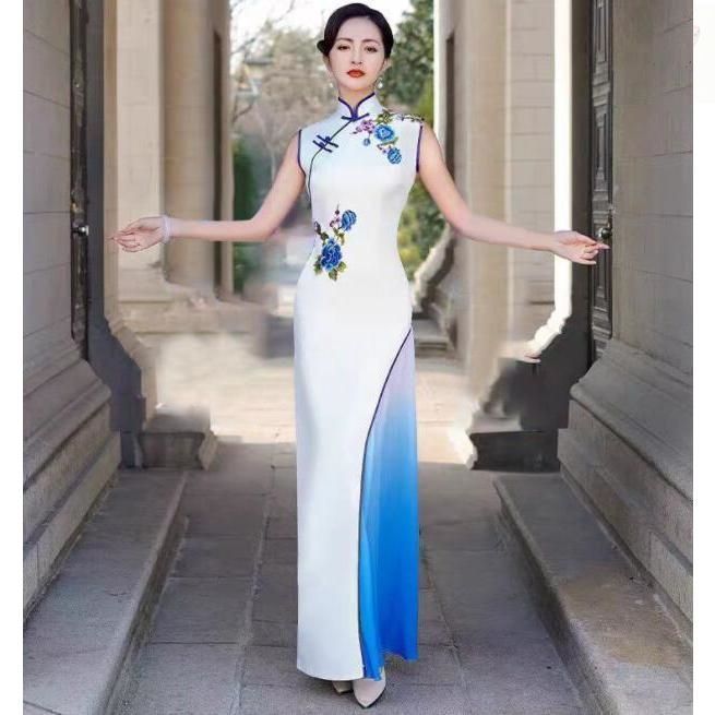 中華風マキシ丈ドレス ステージ衣装ロングワンピース