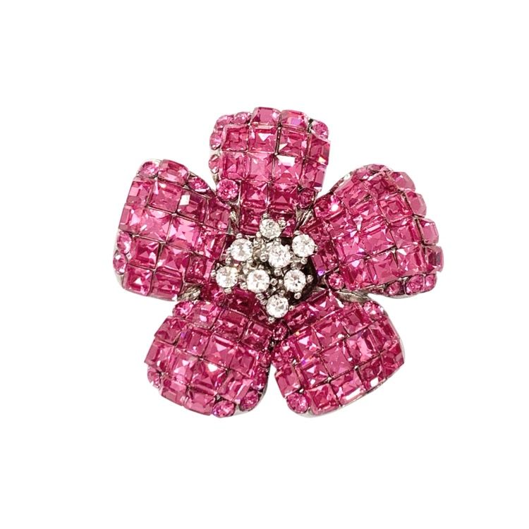 美品★FOXEY ラインストーンブローチ ローズ ビジュー 26645 Brooch 