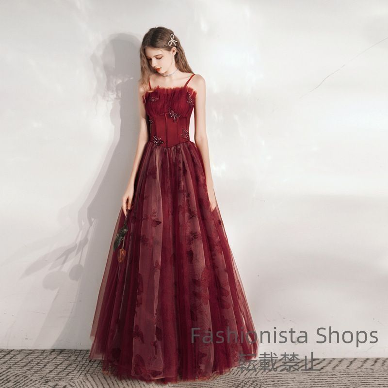 ドレス ロングドレス 演奏会 Aラインドレス 発表会 キャミソールドレス ワインレッドのドレス イブニングドレス パーティードレス 二次会 成人式 卒業式 A20 hgcp37