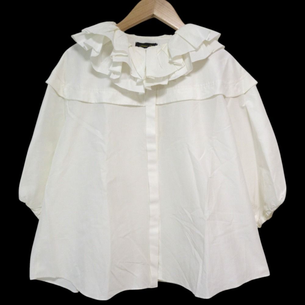 Drawer - ドゥロワー シャツ ブラウス フリル ギャザー シルク混 36 約S IBO71 美品 DRAWER ドゥロワー シルクブレンド フリルギャザー ハーフ