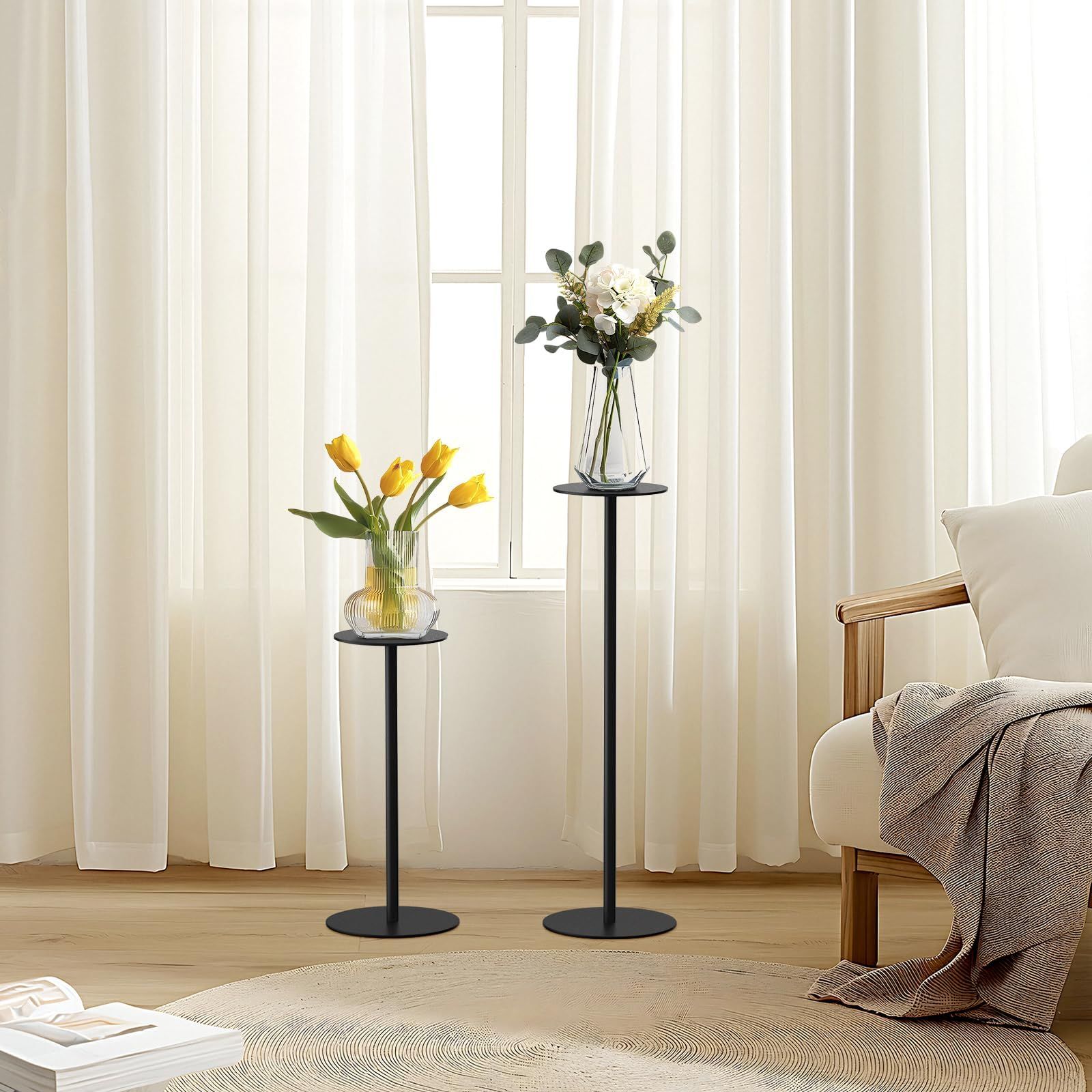 Snowtaros サイドテーブル 丸 ブラック W24 D24 H51.7cm コーヒー テーブル 省スペース ベッドテーブル コンパクト スリムテーブル 安定 フラワースタンド 室内 リビング ソファ サイドデスク 組立簡単 黒 天板20×20㎝