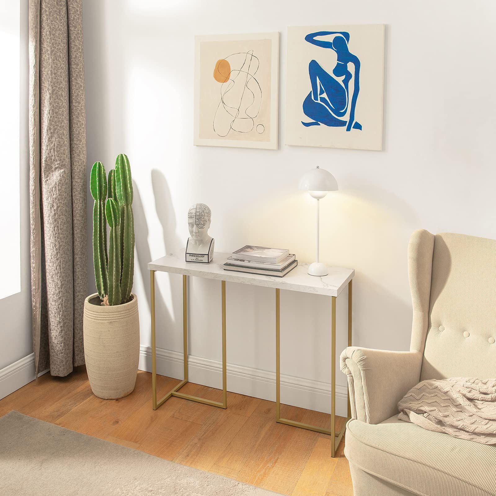 SoBuy コンソールテーブル 大理石調 玄関テーブル カウンターテーブル スリム 幅80×奥行き30×高さ75cm サイドテー モダンな大理石コンソールテーブル、金属製の脚付き、ブラックの細身の