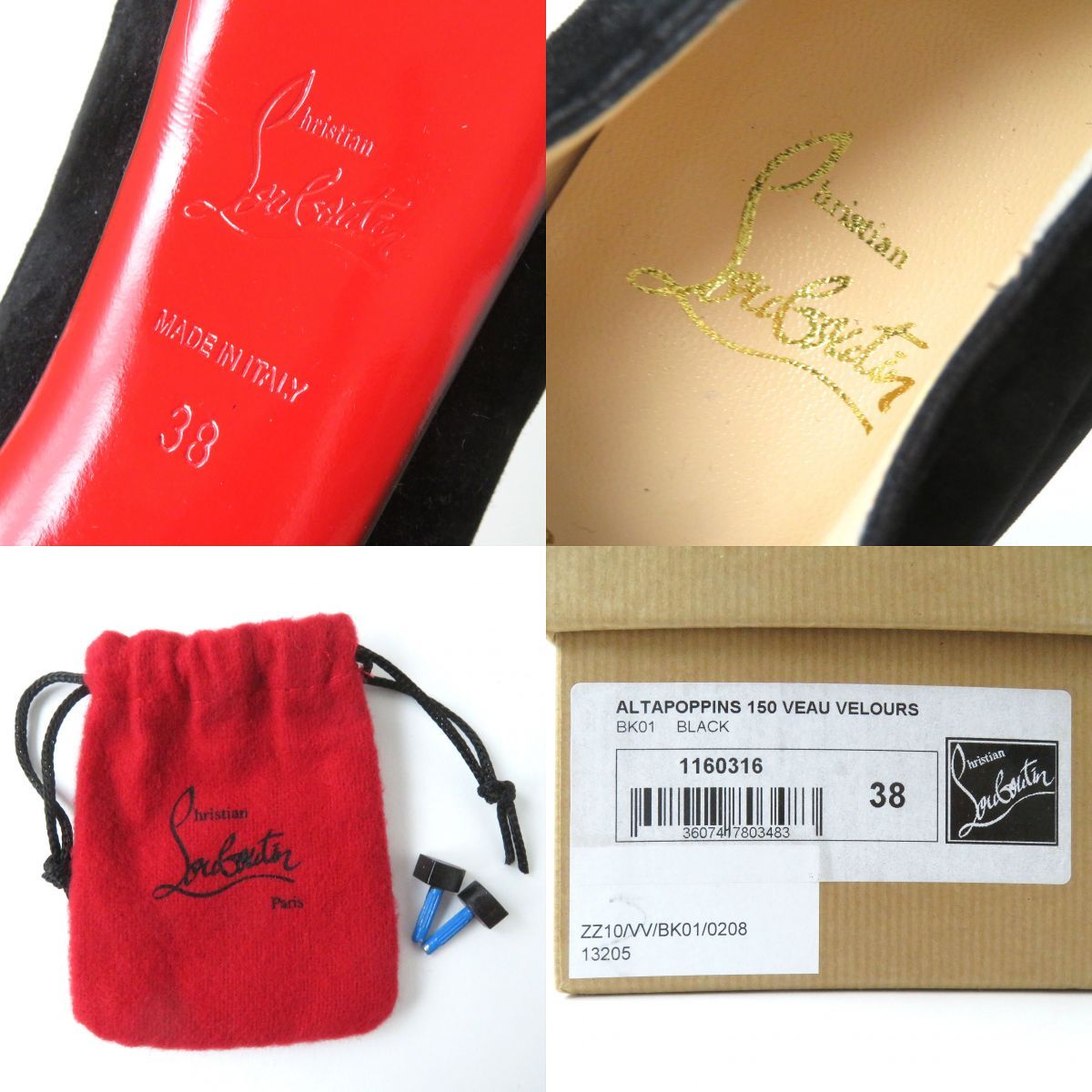 未使用品△Christian Louboutin クリスチャンルブタン ALTAPOPPINS オープントゥ ベロア パンプス ハイヒール ブラック  38 伊製 箱・袋付き