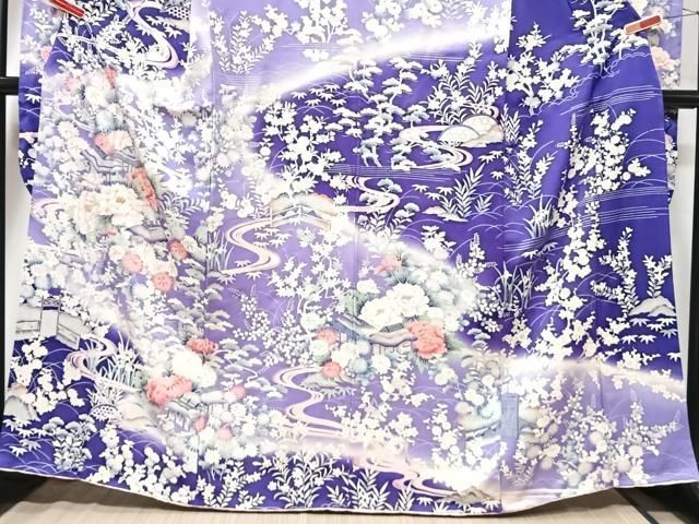 豪華振袖　駒刺繍　流水舞鳥文　暈し染め　金彩　着丈168cm　正絹　逸品 平和屋着物□豪華振袖 駒刺繍 エ霞花車花鳥文 暈し染め 金彩