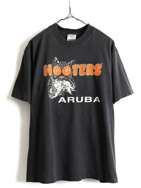 90s 人気 黒 □ HOOTERS フーターズ 両面 プリント 半袖 Tシャツ