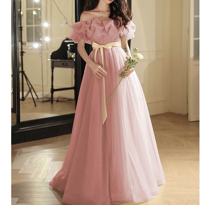 ♥ カラードレス カクテルドレス ロングドレス パーティードレス ピンク コサージュ 発表会 演奏会 ステージドレス イブニングドレス ブルー オフショルダーxz
