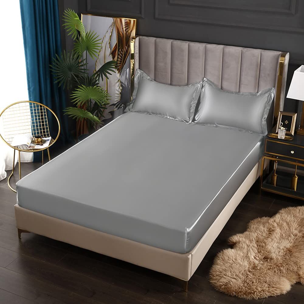 新着商品 Treeflyheart ボックスシーツ サテン シルクみたい ツルツル冷感 マチ部分は約30cm シーツ ベッドカバー（ダブル・ライトグレー・140x200x30cm)