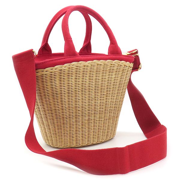 美品) プラダPRADA ウィッカーカゴバック赤2way