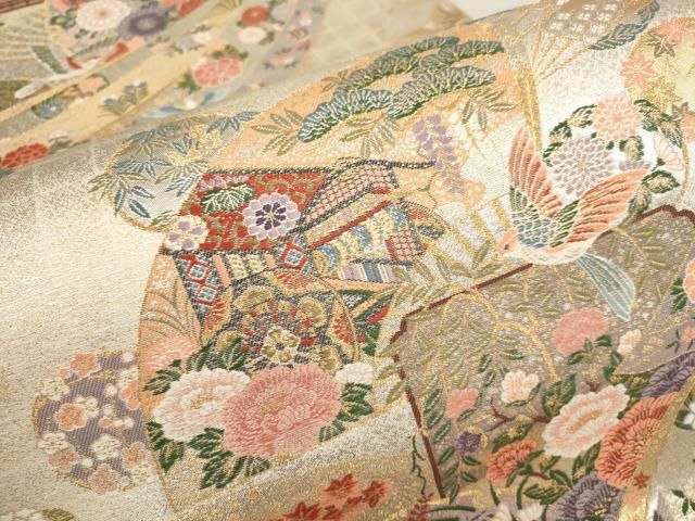 真作/今尾景年/花籠画賛/扇面/絹表装/横物/布袋屋掛軸HI-756 平和屋着物▽六通柄袋帯 扇面花鳥文 金銀糸 正絹 逸品