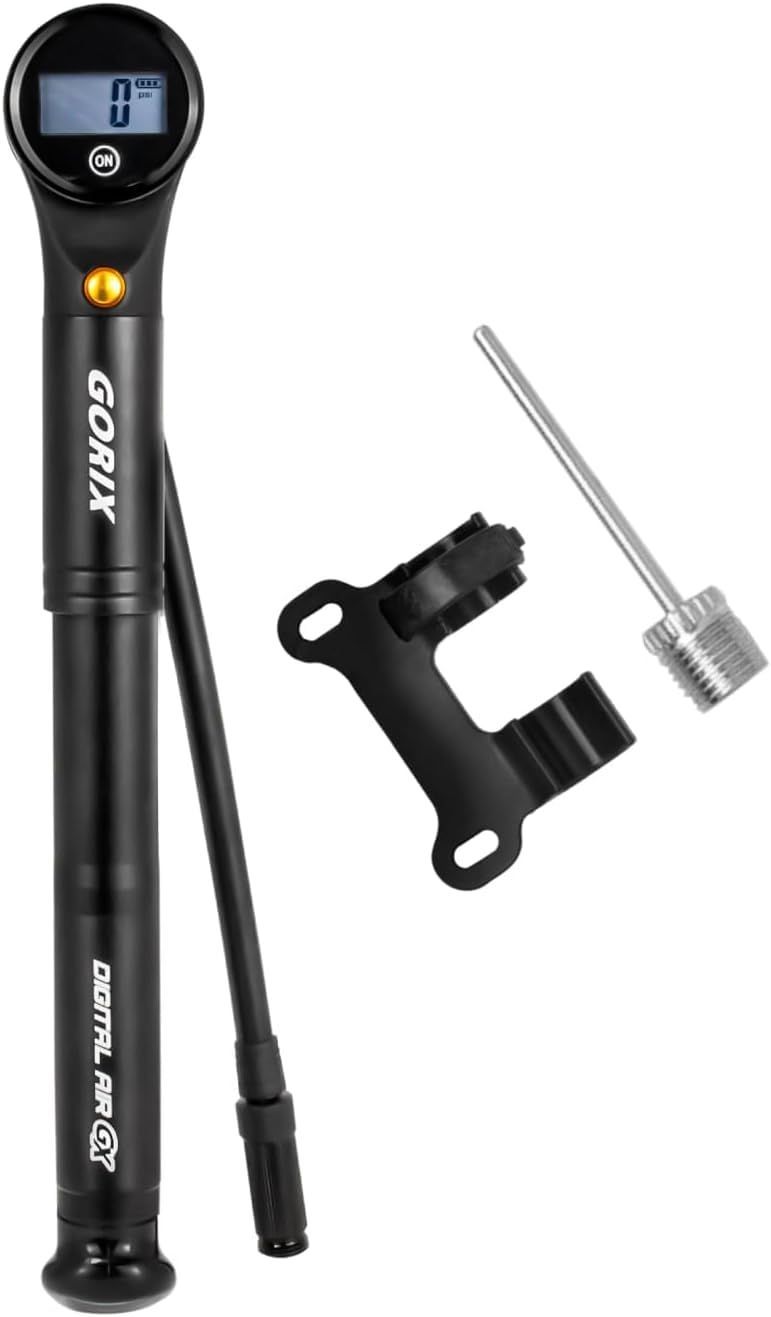 ブラック GORIX(ゴリックス) 携帯ポンプ 自転車 空気入れ 高圧 320pis デジタルゲージ付き 空気圧計 仏式 米式対応 ボールニードル付属 ロードバイク ミニポンプ (GX-MPE320-2) 軽量 クロスバイク MTB