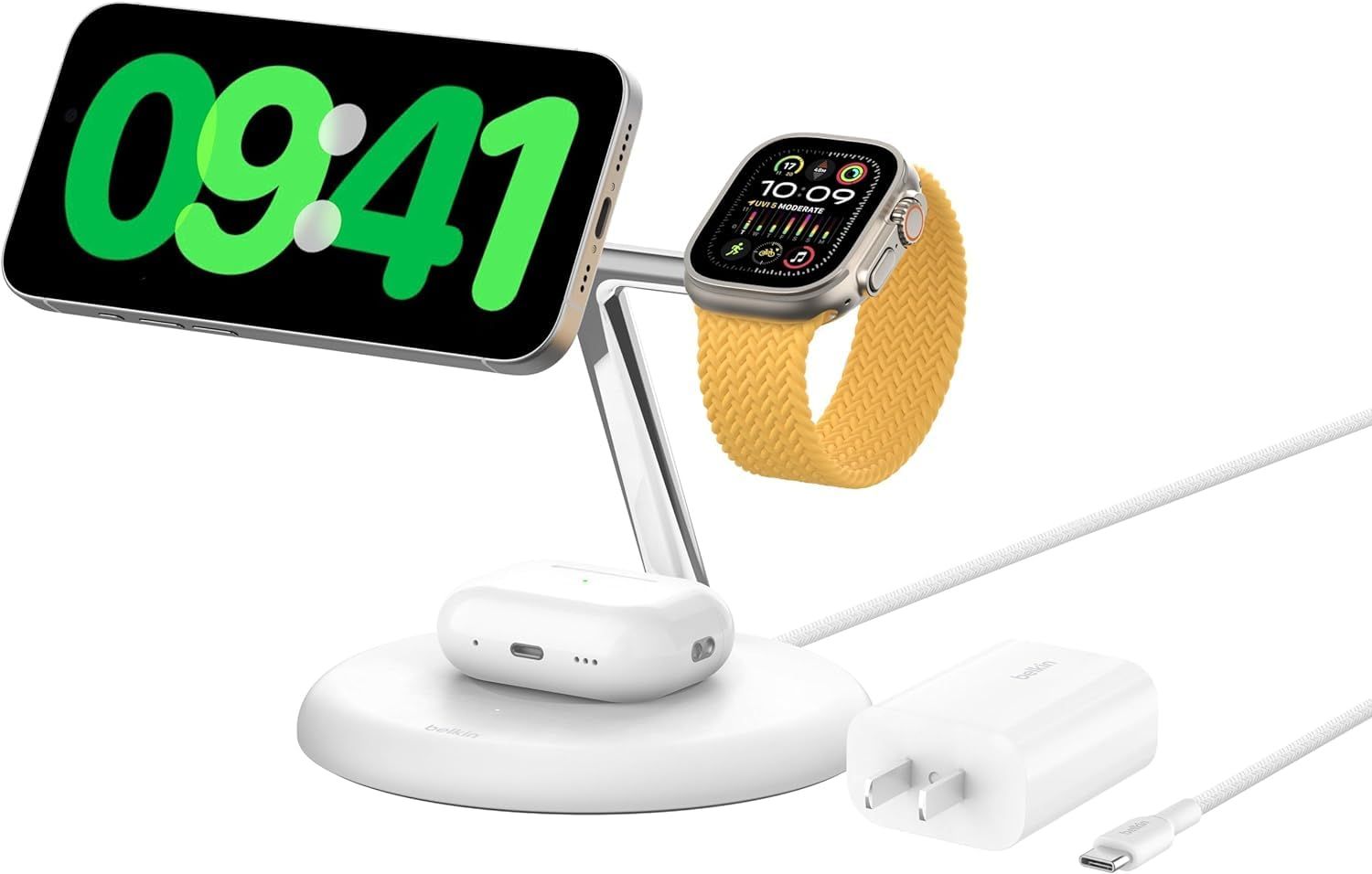Belkin Qi2 3-in-1ワイヤレス充電スタンド Qi2公式認証|MagSafe対応 iPhone 16|15|14|13|12|Qi2対応スマートフォン 最大15W高速充電 AirPods|ワイヤレス充電対応イヤホン 5W充電 Ap ホワイト