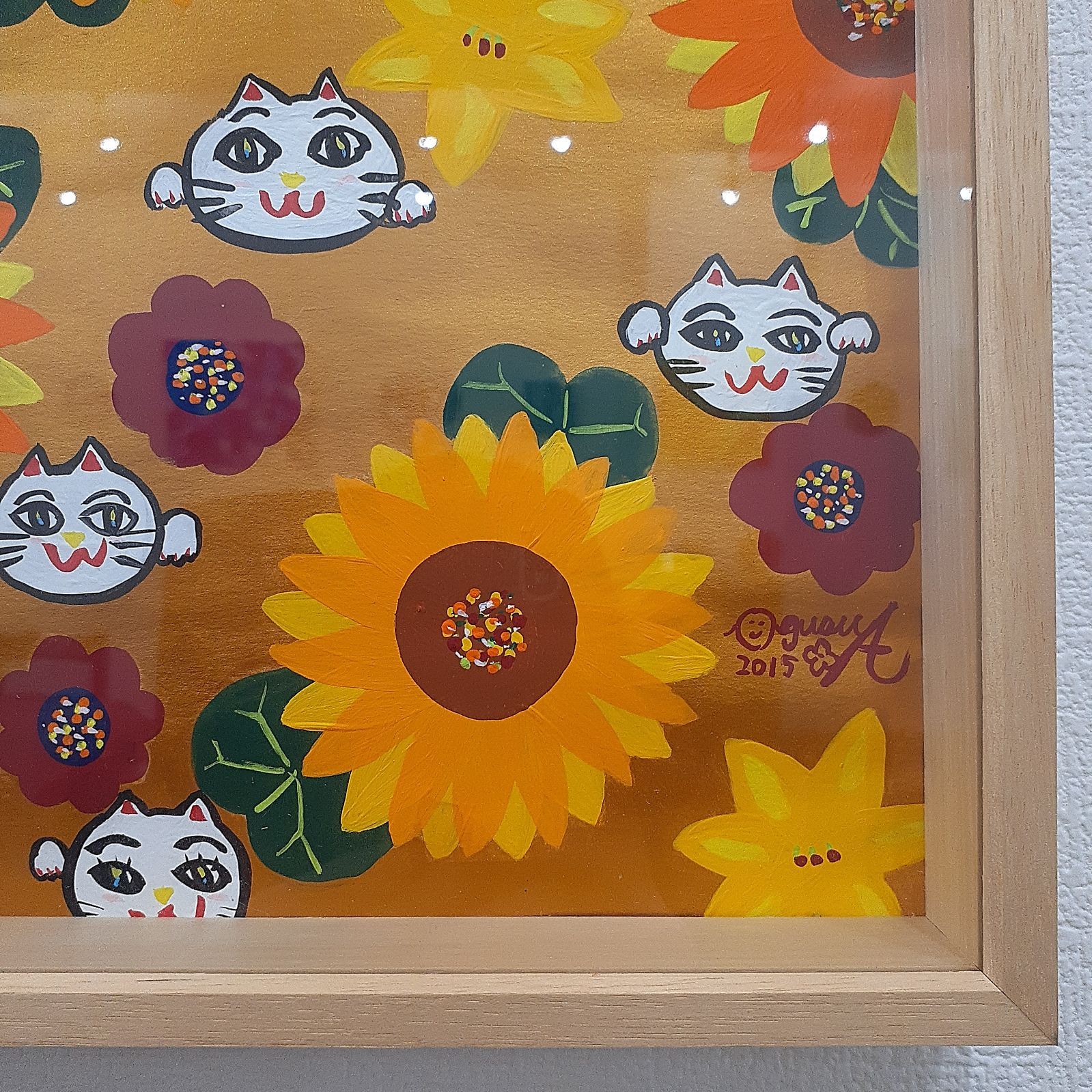 花と招き猫の作品画家小楠アキコサイズ19×24cm額付き 花と招き猫の作品画家小楠アキコサイズ19×24cm額付き