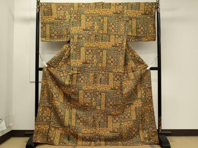 平和屋着物■上質な小紋　型染め　花鳥唐草文　逸品　未使用　BAAI9769pm 平和屋着物□上質な小紋 作家物 型染め 草木染 花唐草文 暈