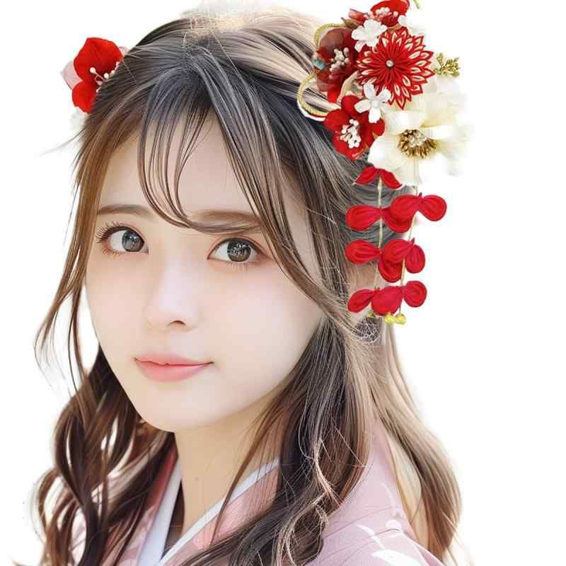 髪飾り 2点セット kk-352 赤 レッド ホワイト 花 かんざし ちりめん つまみ細工 コーム型 振袖 成人式 卒業式 結婚式 七五三 袴 和装