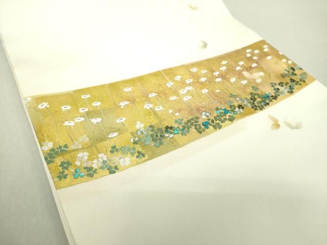 平和屋着物○塩瀬 九寸名古屋帯 舞花文 雄黄色 金彩 正絹 逸品 DAAV9014ob