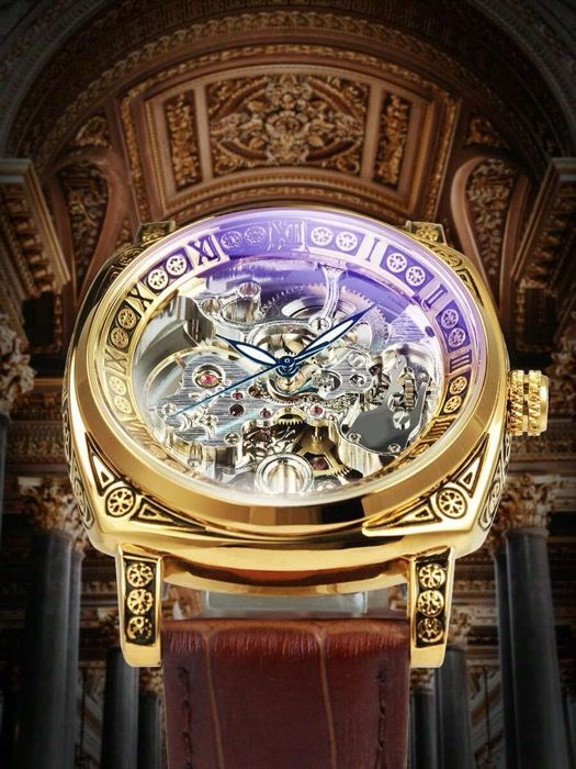 腕時計 メンズ 機械式 1個 レトロ スクエア メカニカル 腕時計 メンズ ロイヤル エングレーブド ケース ビジネス 自動巻き メンズ腕時計 トップブランド レザーストラップ リストウォッチ ギフト付き箱