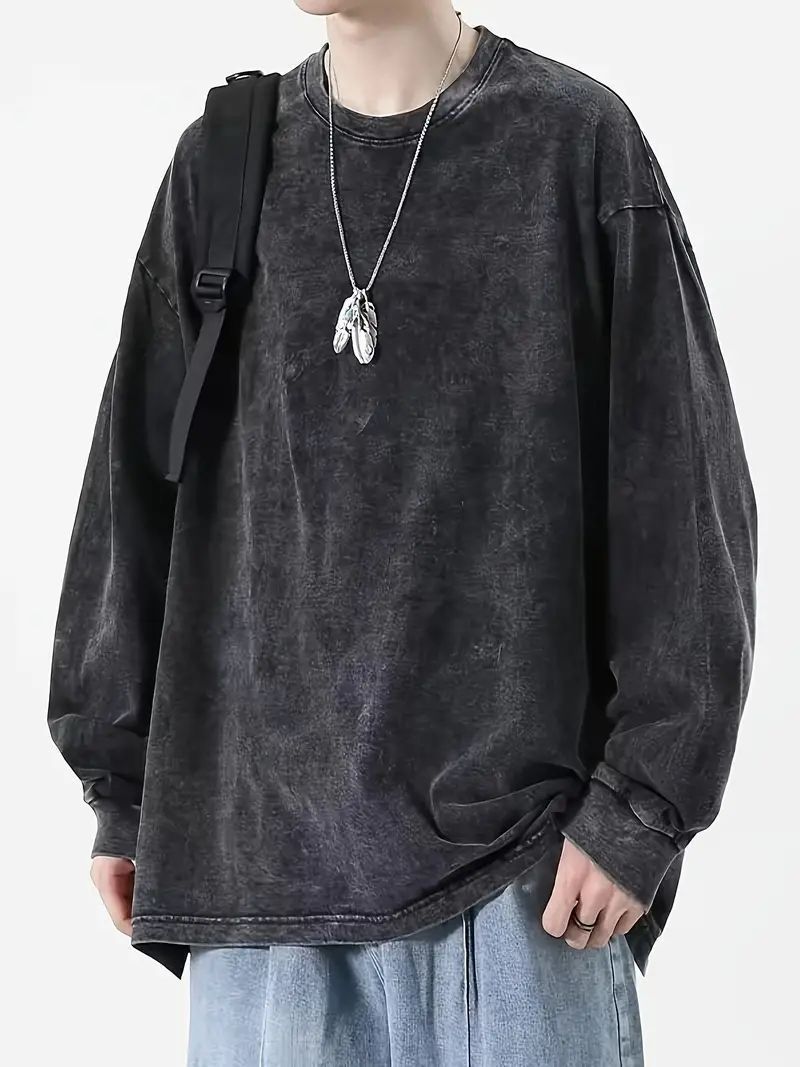 ヴィンテージ風コットン長袖Tシャツ - 秋冬カジュアルコレクション、ゆったりフィットでレトロな風合い