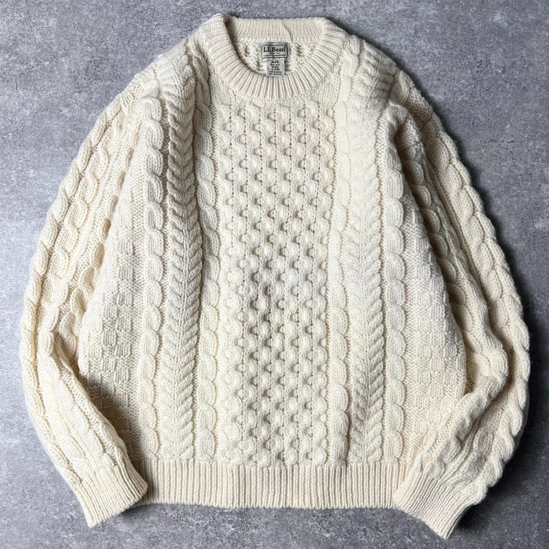 アイルランド製 LLBean 無地 ウール フィッシャーマン ニット セーター M / エルエルビーン アラン ナチュラル