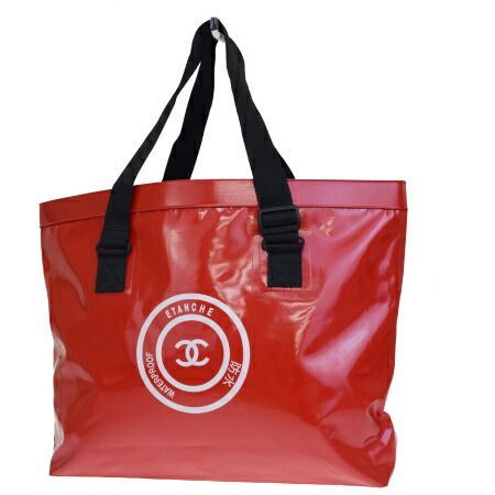 【中古】 中美品 シャネル CHANEL トートバッグ ショルダー ココマーク 防水 レッド ホワイト ブラック コーティング キャンバス 34ES596