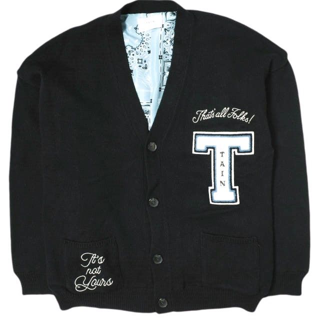 TAIN DOUBLE PUSH タインダブルプッシュ THAT'S ALL FOLKS CARDIGAN レタードカーディガン 21TN-KN22 XL BLACK Vネック ニット ワッペン スタジャン トップス g16092
