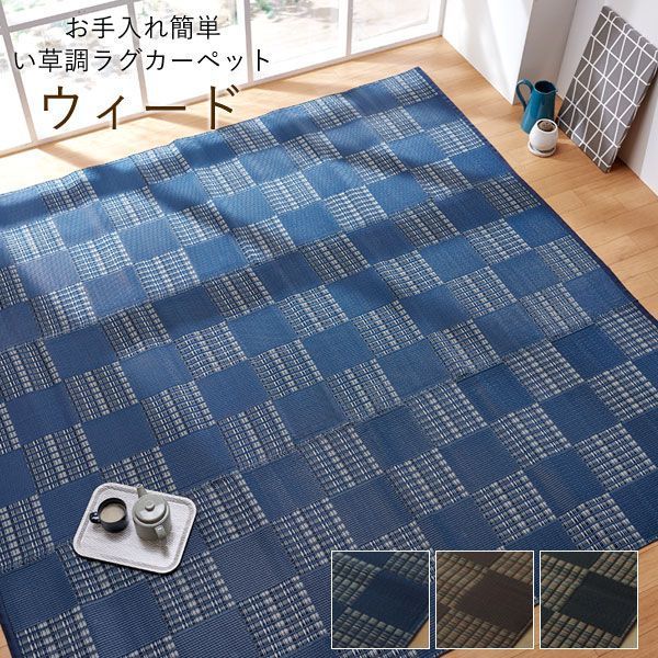 ラグ 洗える 夏 カーペット 撥水 防ダニ【 ウィード 】江戸間2畳(174×174cm) ブラック ブラウン ネイビー 防水 野外 敷物 保育園 幼稚園 保育所 運動会 遠足 レジャー ダイニングラグ(#11004554)