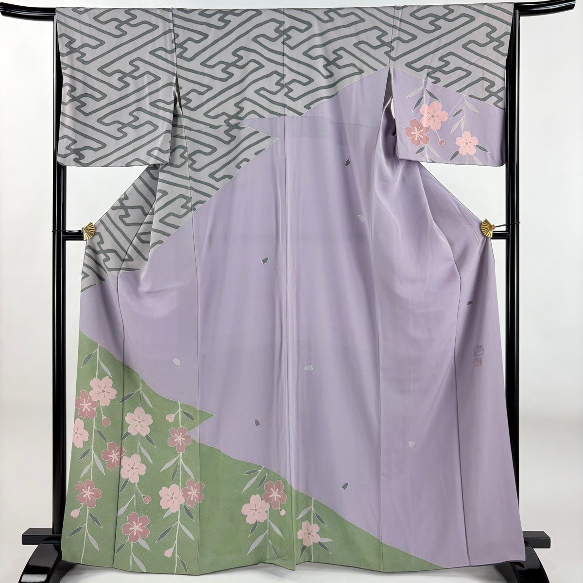 訪問着 身丈165cm 裄丈67cm M 袷 大久保玄才 落款 桜 紗綾形 染め分け 金彩 紫 正絹 名品