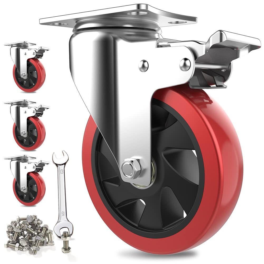 ホイール径125mm ミュートシリーズDIY家具交換キット 静音 360度回転 赤 単個耐荷重200kg 高耐久性 ブレーキ付き 車輪 4個セット キャスター 5インチ COOWOO