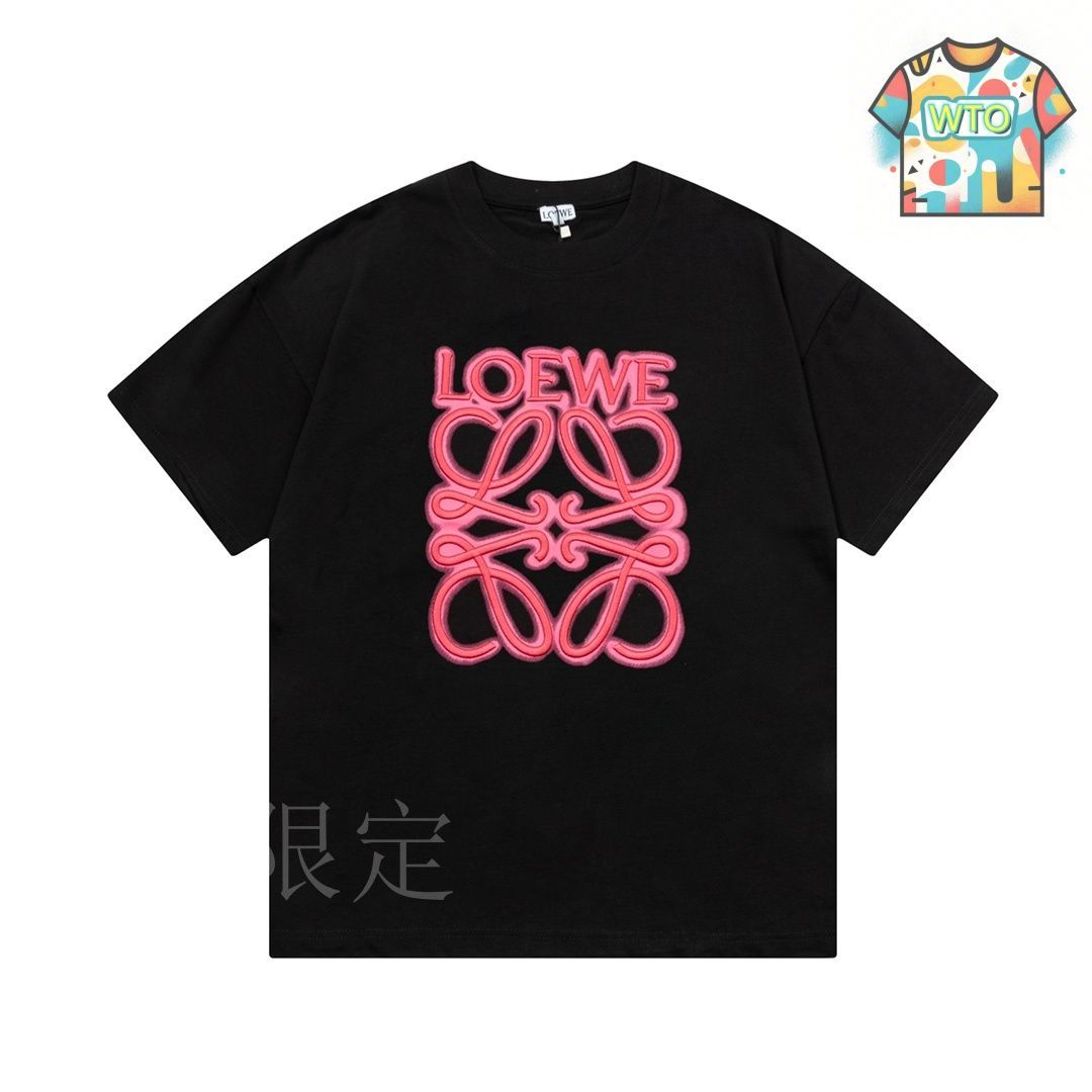 今日特価】LOEWE ネオン刺繍蛍光ピンク大ロゴ黒 T シャツ-1