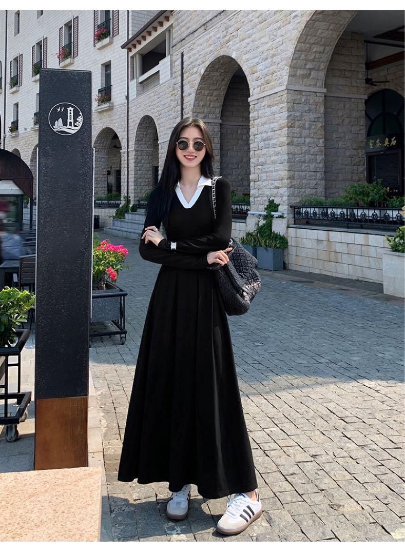 春セクシーコントラストニットドレスロング丈ワンピース