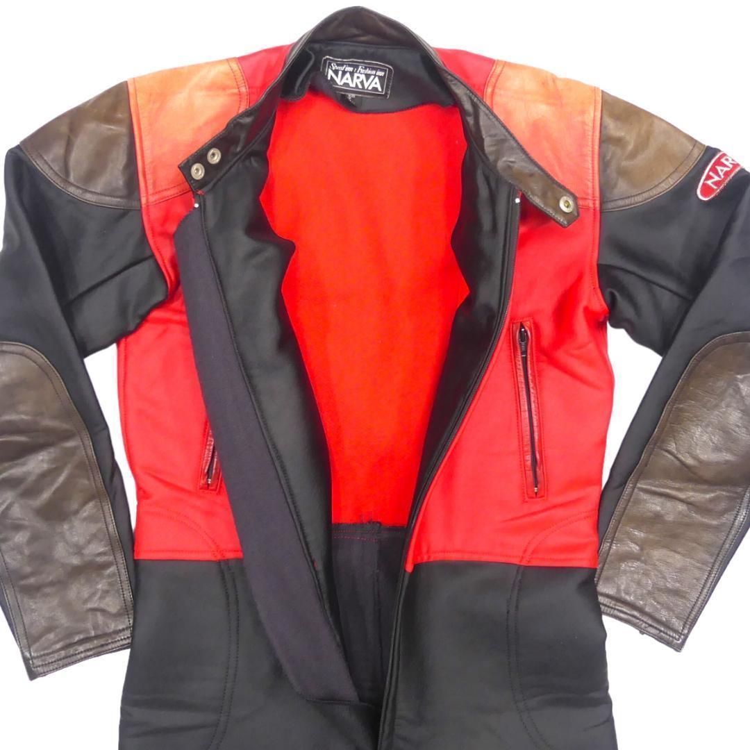 革ツナギ レザーレーシングスーツ 本革 ツナギ L バイクウエア 黒 赤 X6746