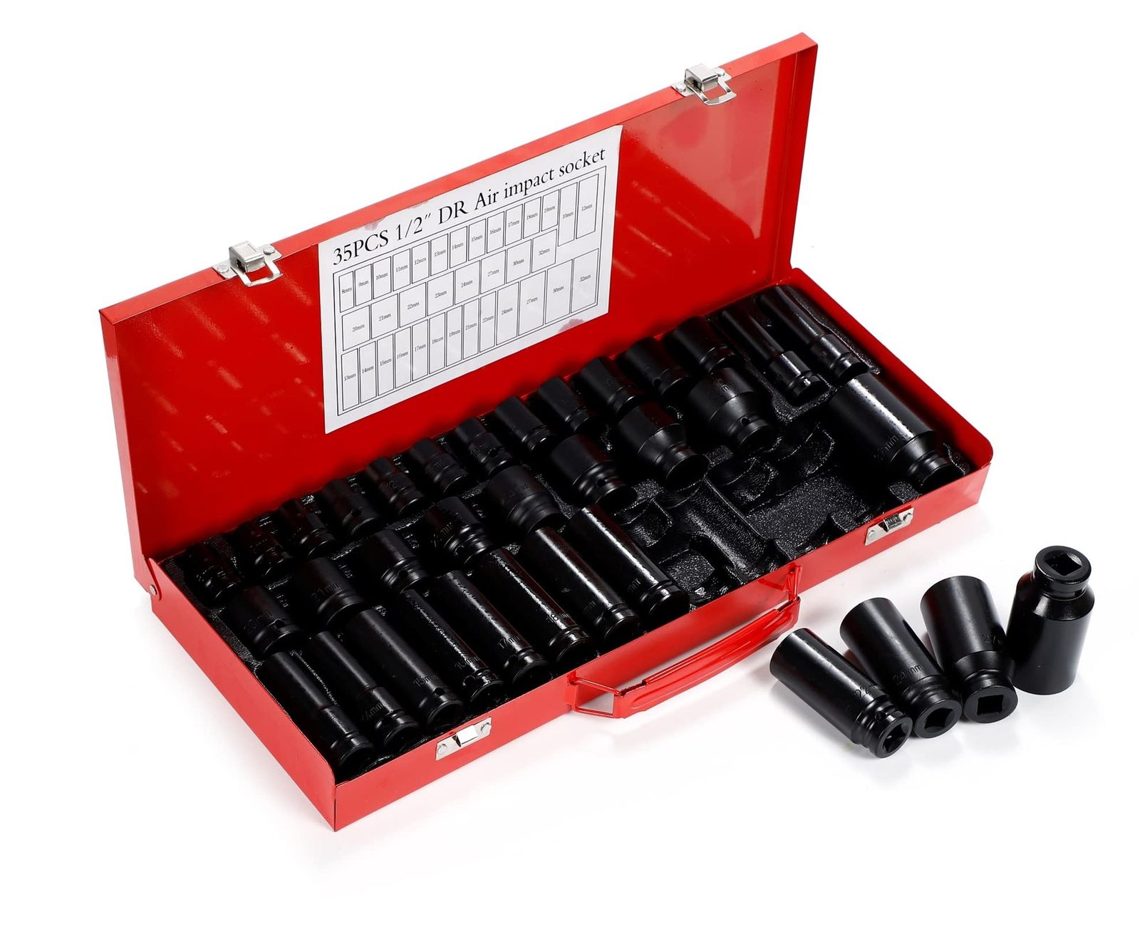 インパクトレンチソケットセット 35個 1/2 12.7mm 六角 ディープ ビット ショート ボックス レンチ (35個セット) [35個セット]
