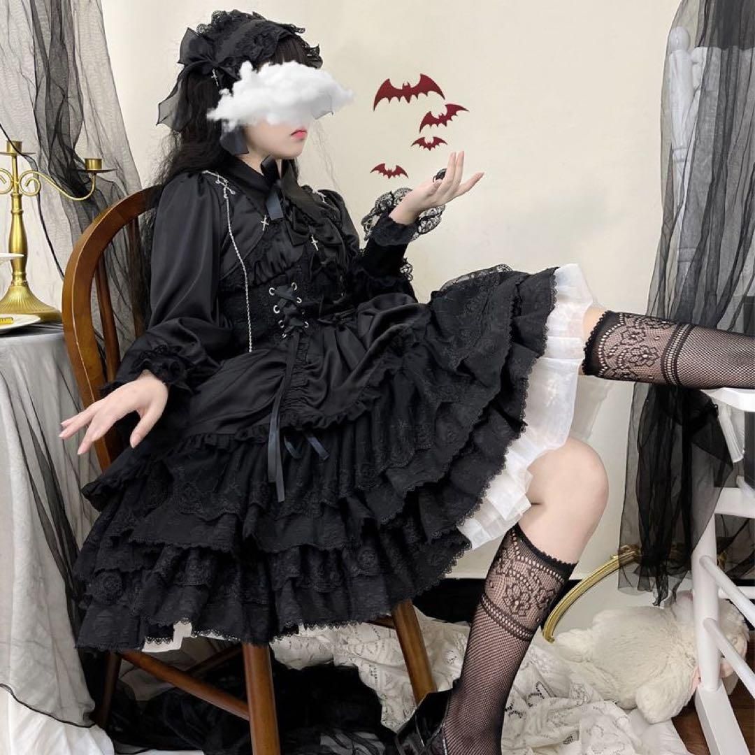 韓嬢 ゴスロリドレス ロリィタ セットアップ地雷系ゴシックロリータフリル付き黒