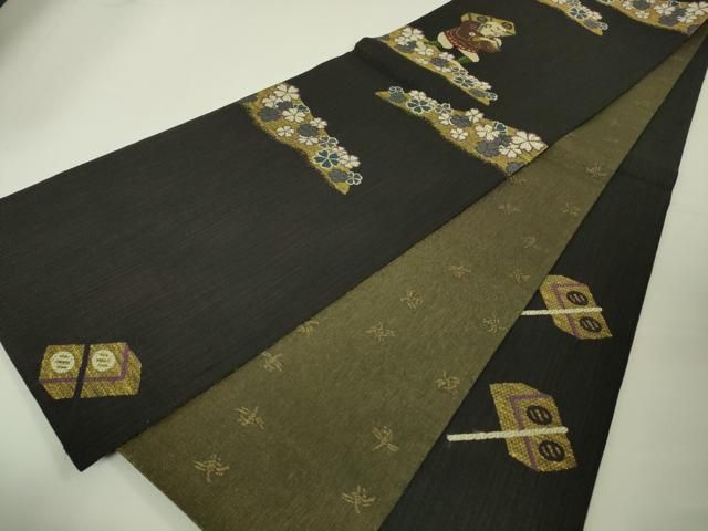 平和屋本店□極上 洛楽人工房 六通柄袋帯 荷物ち奴 黒地 上代65万 反端  