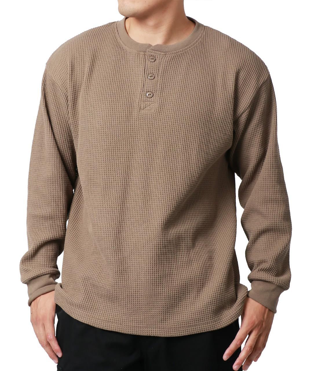 L_ハーフブラウン [エムアールユー] Tシャツ メンズ 長袖 M - 6L 無地 ヘンリーネック ワッフル サーマル素材 ロンT カットソー ハーフブラウン L