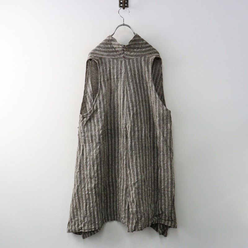 うさと USAATO 手織り 手紡ぎ 天然草木染め ストライプ織り カシュクールロングベスト グレー┃レイヤードワンピース 2400014607499
