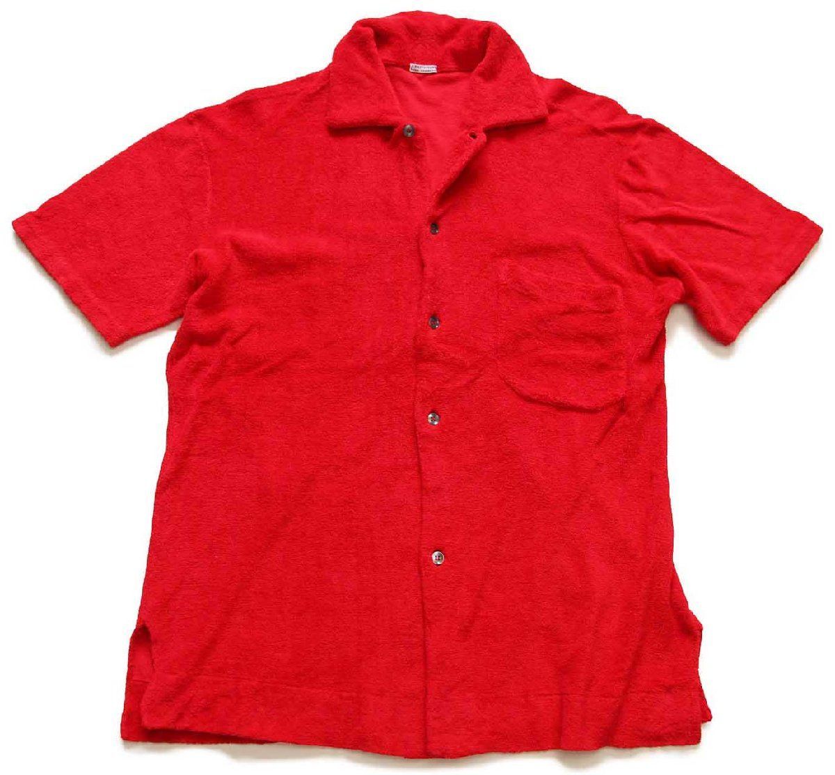70s G.BATTISTONI ROMA CARACAS 無地 半袖 パイルシャツ 赤 2 ビンテージ ユーロ ヨーロッパ イタリア タオル レッド ボックス