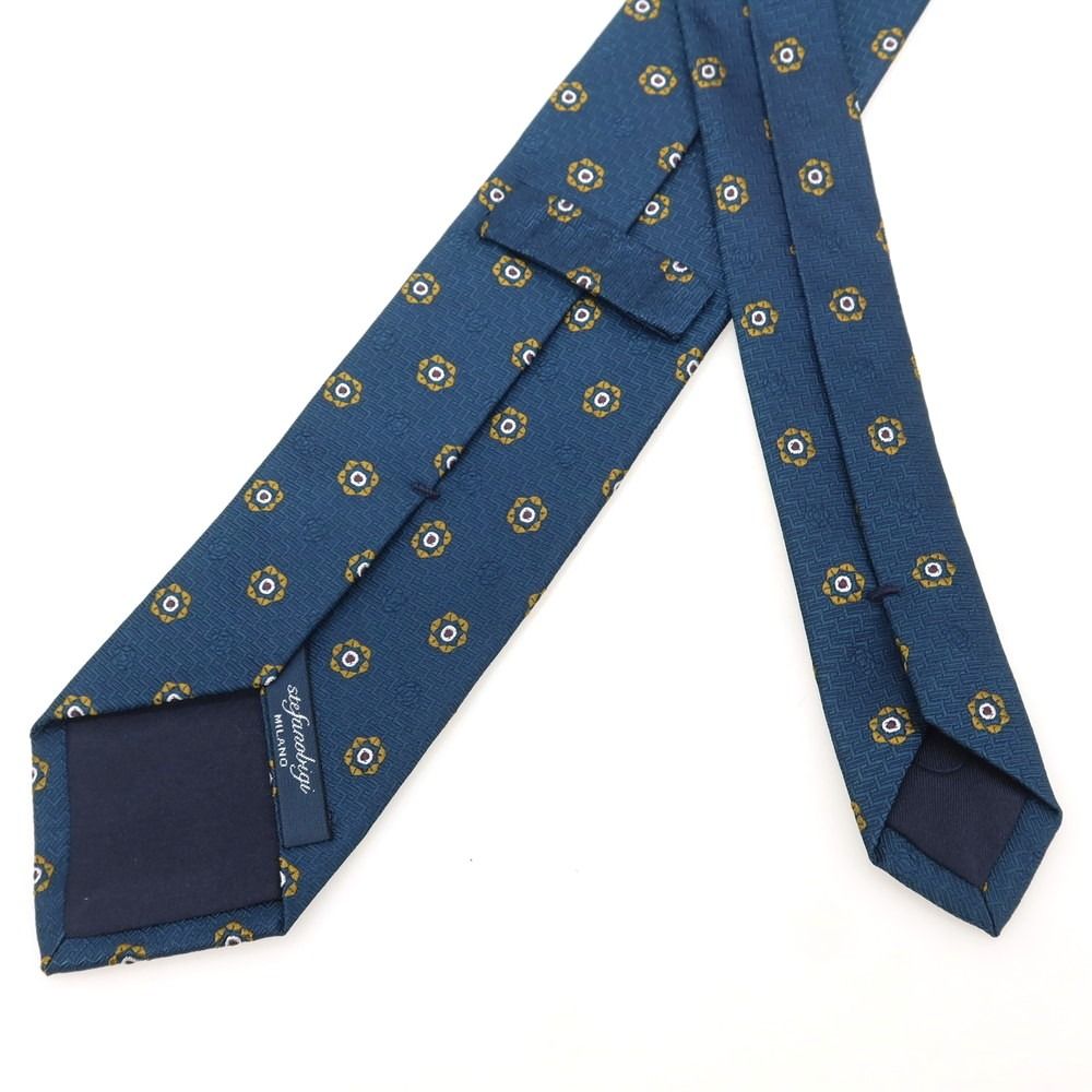 【美品】ステファノビジ／stefanobigi グリーン×ブルー小紋柄シルクタイ 美品】ステファノビジ／stefanobigi グリーン×ブルー小紋柄