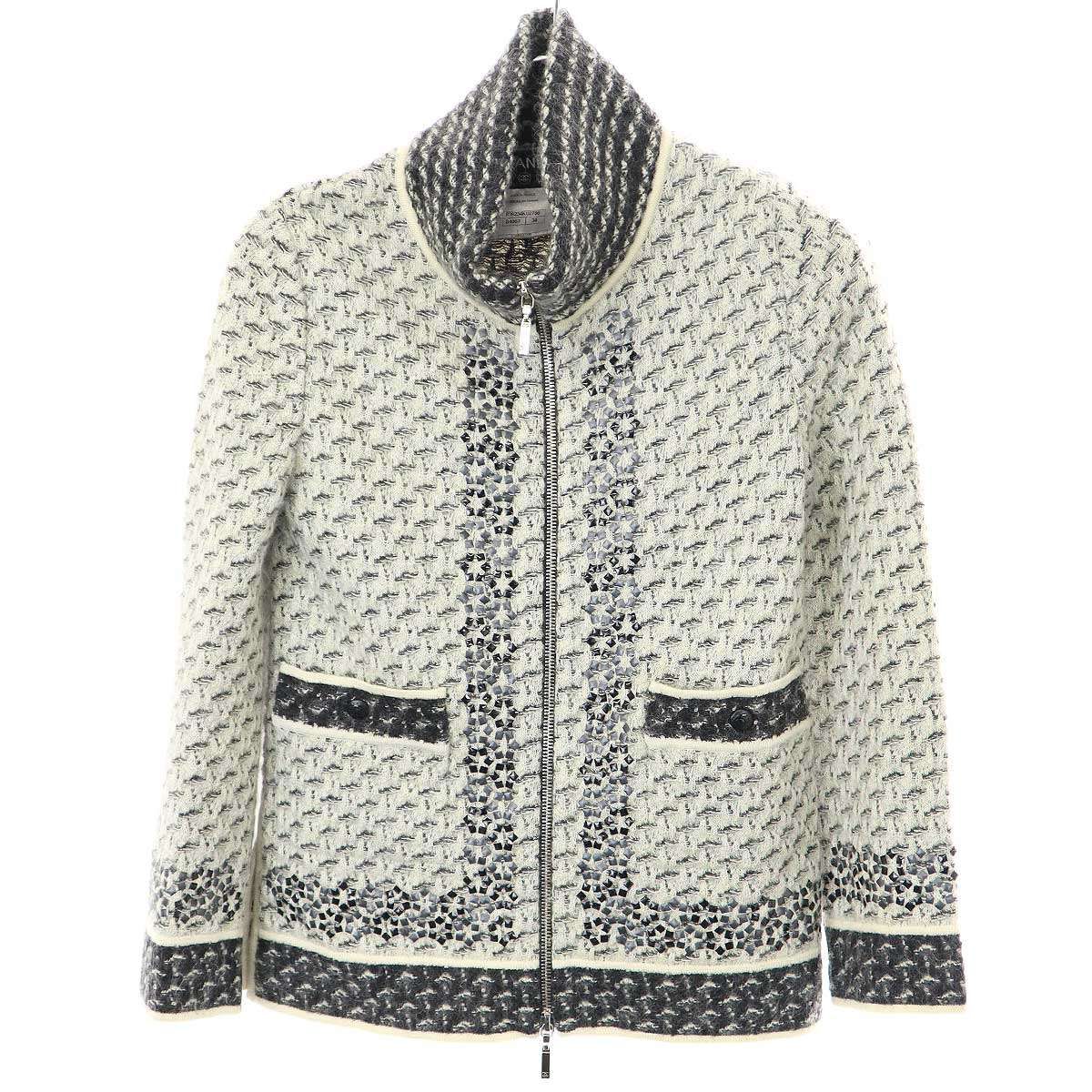 CHANEL - CHANEL シャネル 10AW カシミヤシルク混モヘヤニットジャケット アイボリー×グレー系 34 P39234K02786 CHANEL シャネル 10AW カシミヤシルク混モヘヤニットジャケット