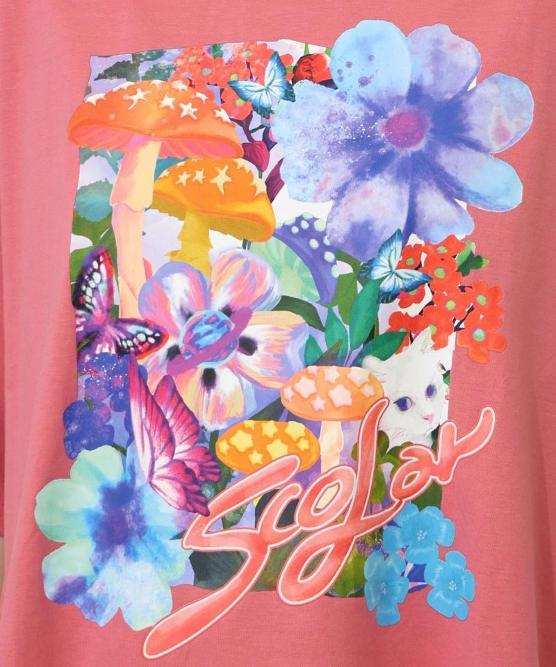 Tシャツ ScoLar スカラー 152689 ネコ花キノコ柄 接触冷感Tシャツ トップス カジュアル ガーリー レトロ 猫 原宿系 個性的 ポイント ScoLar Tシャツ スカラー 152689 ネコ花キノコ柄 接触冷感T