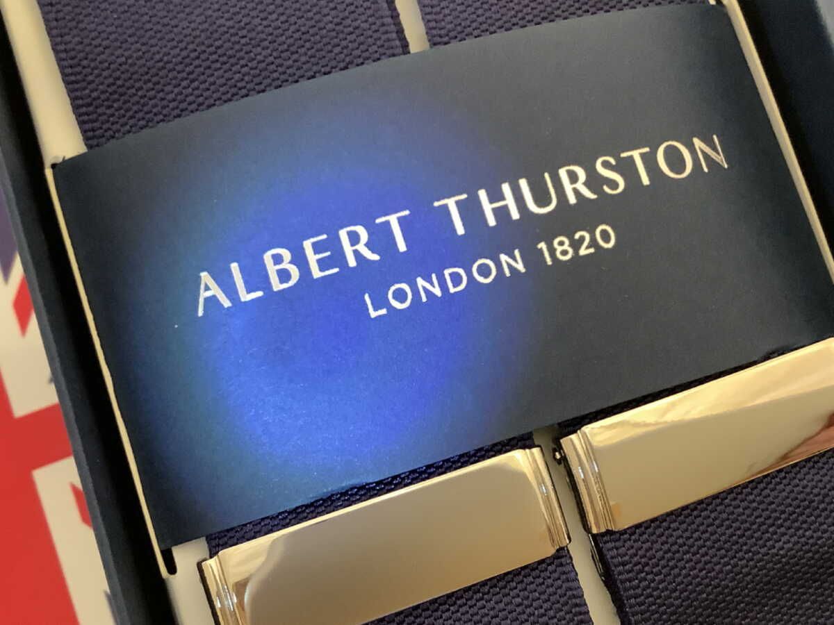 サスペンダー 英国製アルバートサーストンバラシャネイビー 上級非伸縮クラシックボタン留BARNY B100