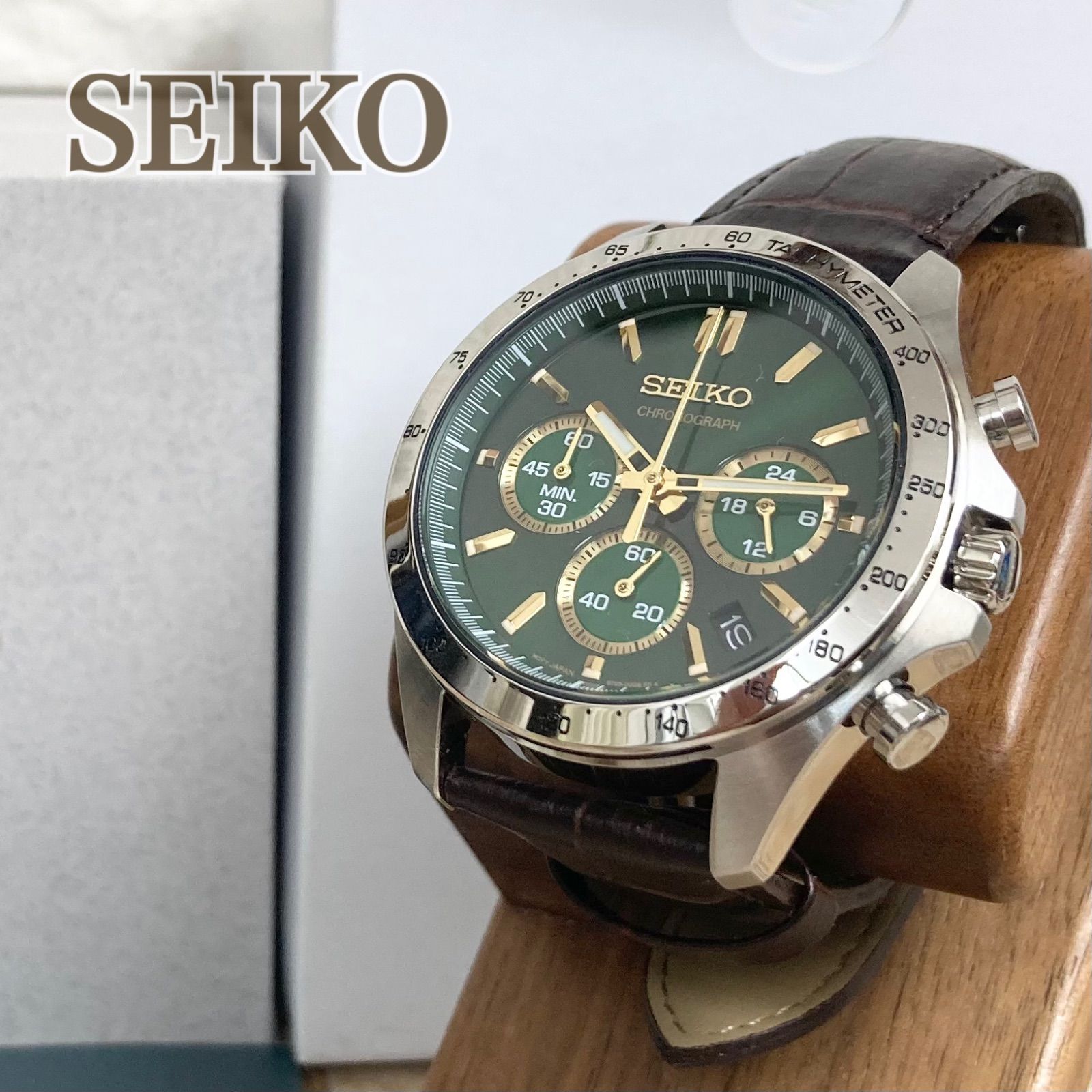 SEIKO セイコー SBTR017 クロノグラフ 革ベルト グリーン 腕時計