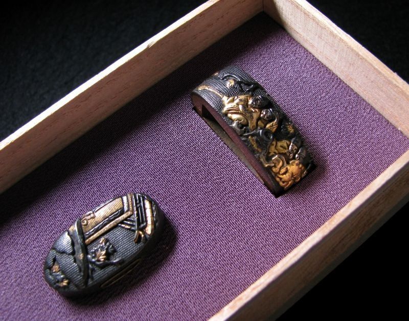 時代武具 縁頭 赤銅魚々子地金色絵 象嵌 桐箱付 江戸時代/21f064