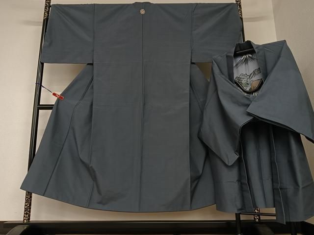 平和屋着物○男性 紬 アンサンブル 色無地 青褐色 正絹 逸品 AABA3305ck