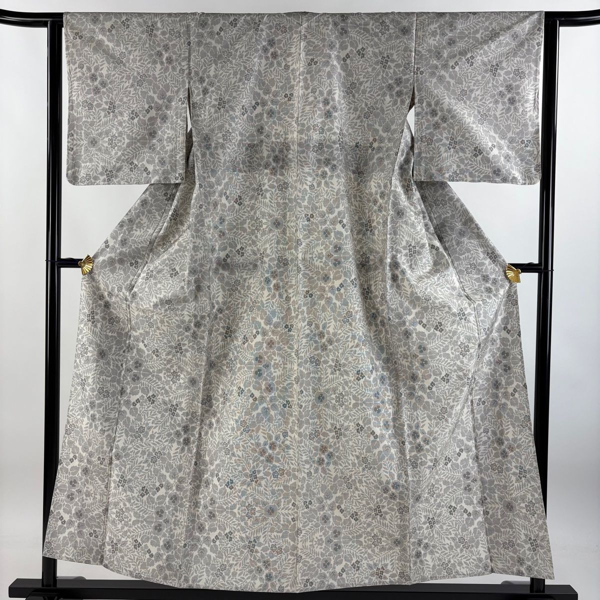 大島紬 身丈156cm 裄丈62.5cm S 単衣 証紙 草花 灰白 正絹 名品