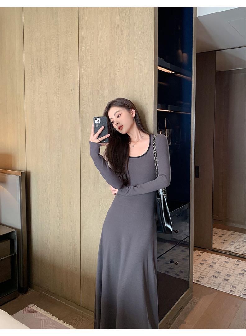 春のお出かけニットロングワンピースコントラスト Uネック長袖