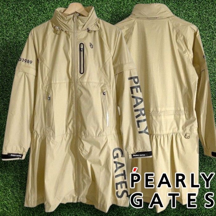 PEARLY GATES パーリーゲイツ ゴルフ 撥水×防風 シャドー千鳥柄 ストレッチ 2wayスリーブ ワンピース ロングジャケット レインウェア ゴルフウェア レディース 053-2988306 定価4.6万 ベージュ ▲051 51015w12