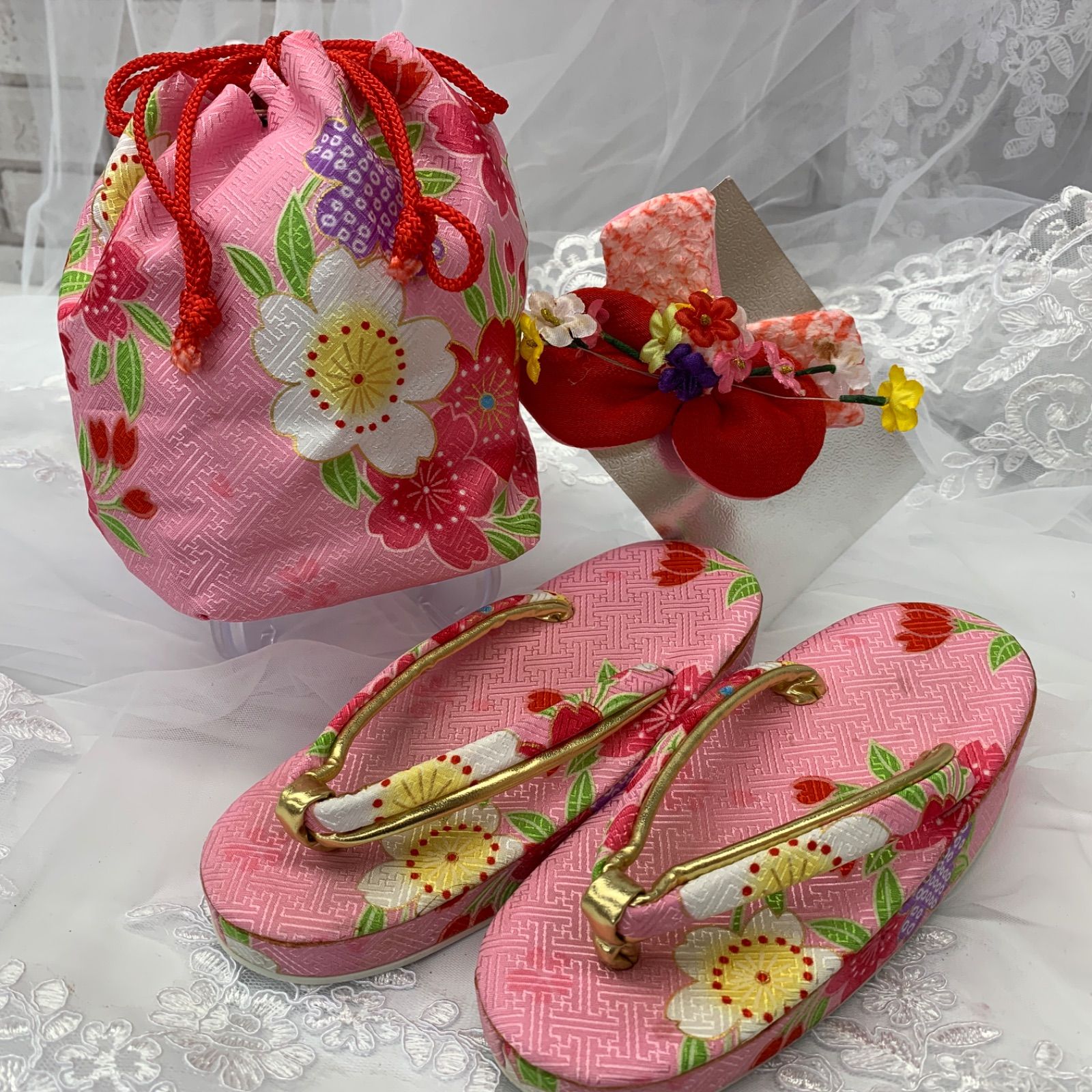 七五三　ピンク 花柄 着物セット 3歳　草履付 七五三 ピンク 花柄 着物セット 3歳 草履付 ピンク系 七五三