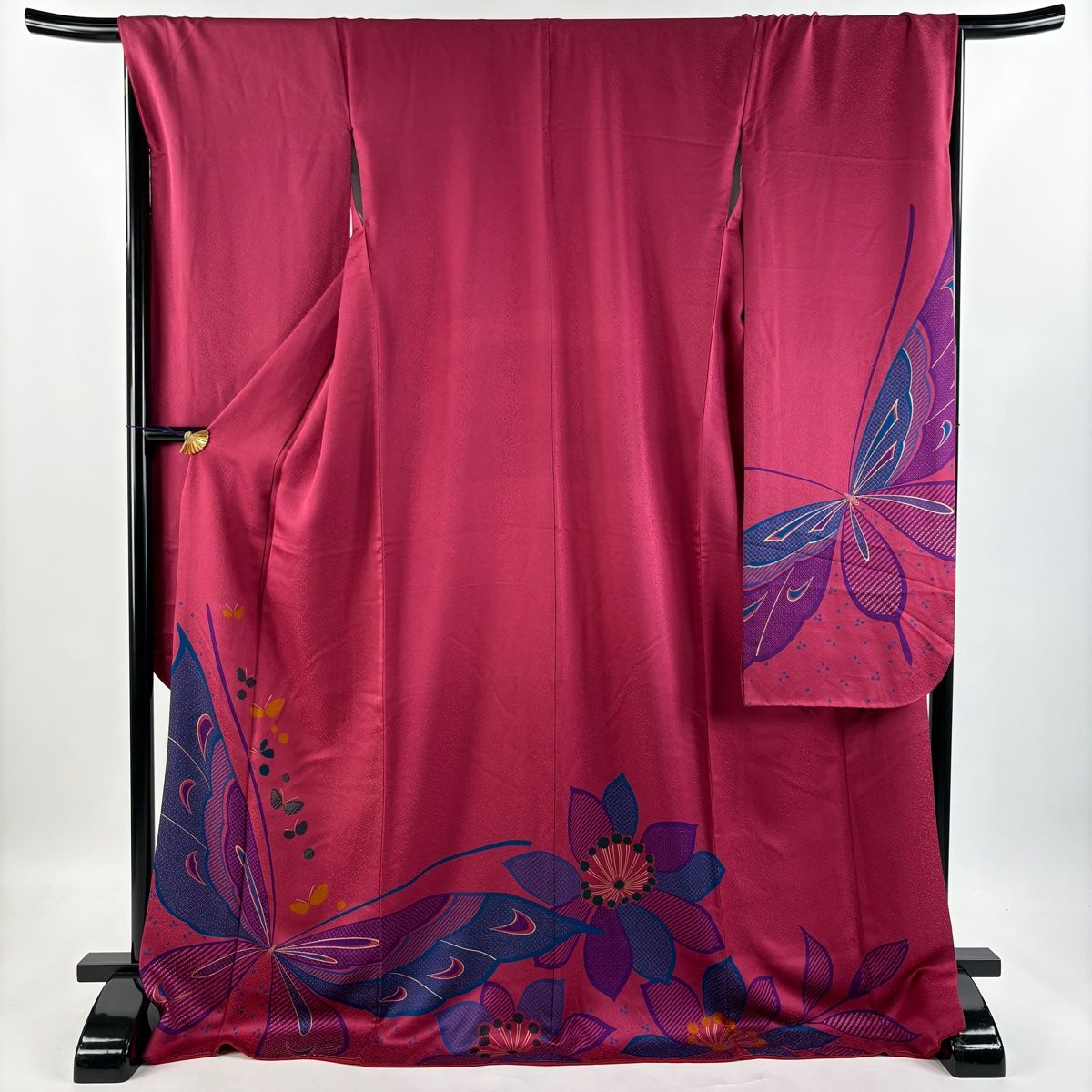 振袖 身丈176cm 裄丈68cm L 袷 蝶 疋田 金彩 濃ピンク 正絹 名品