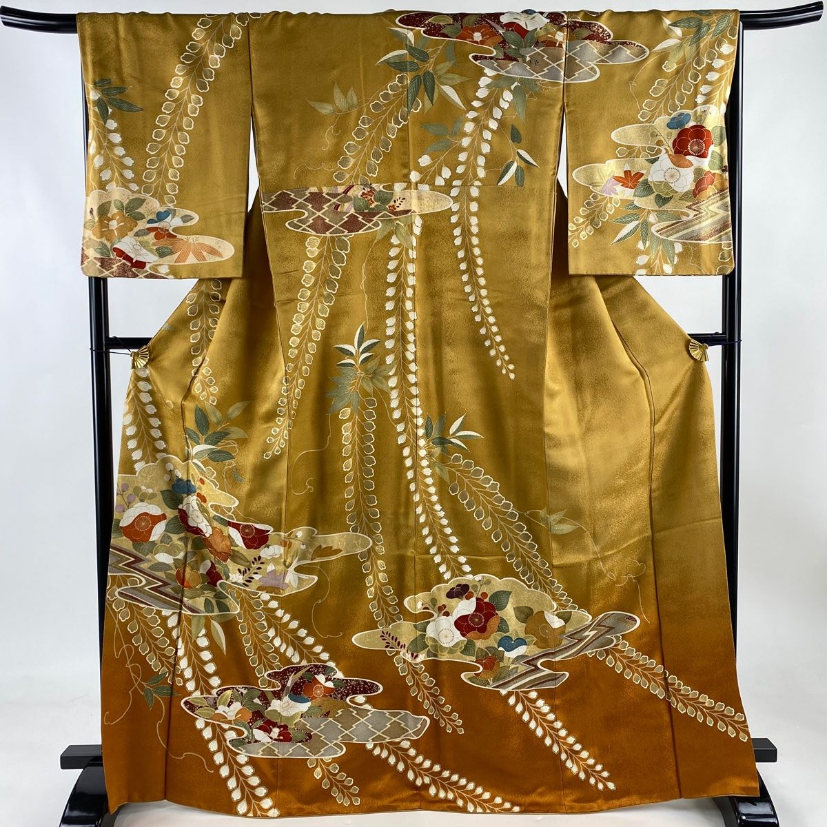 訪問着 身丈168.5cm 裄丈67.5cm L 袷 草花 霞 金糸 金彩 山吹茶色 正絹 名品